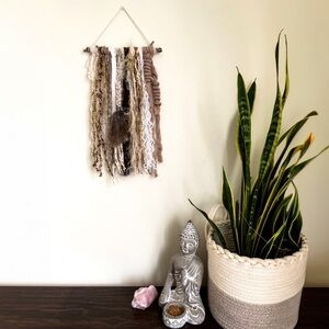 Boho Fiber Art Wall Hanging Macrame Ecru Brown Handcrafted Mixed Media Decor